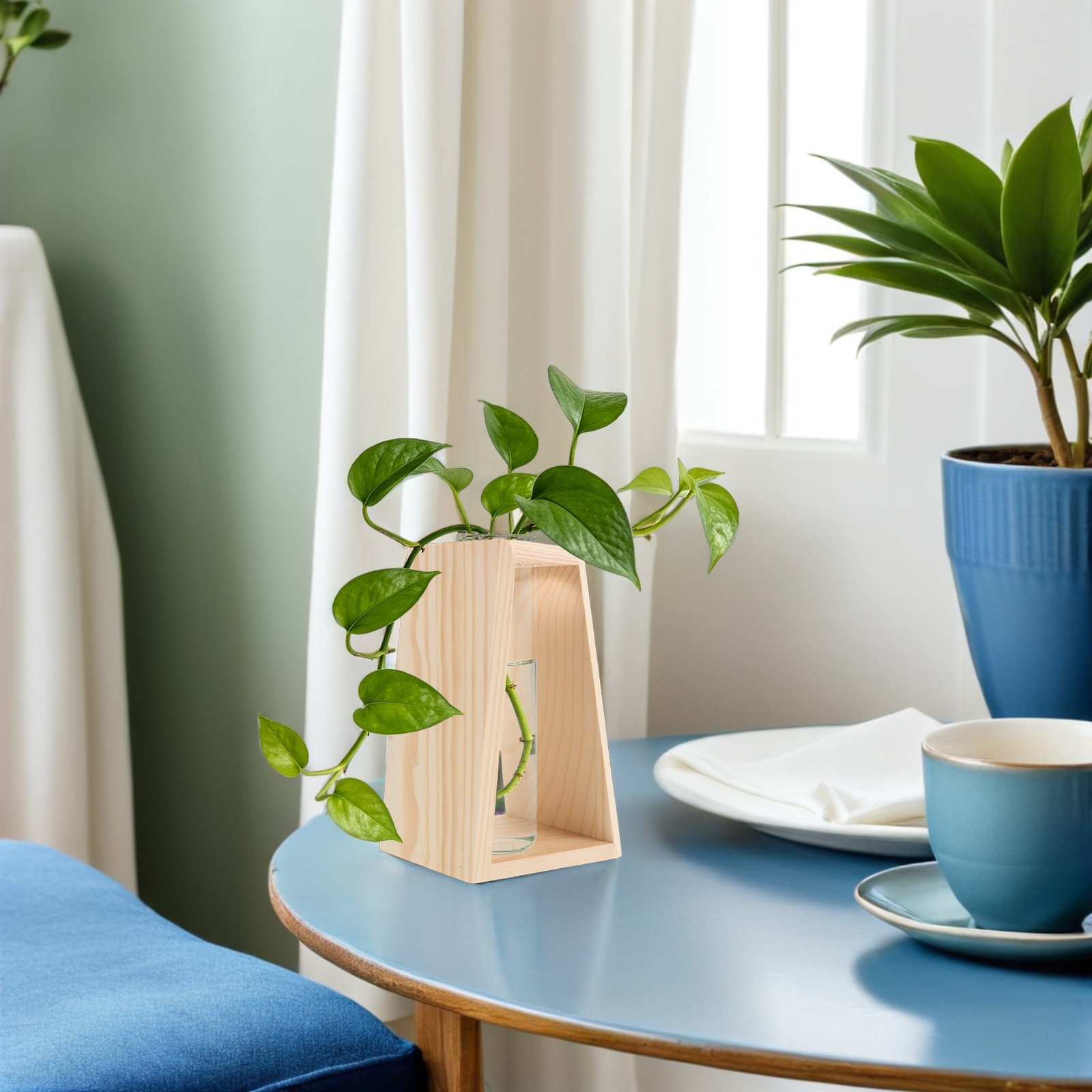Propagation Station Vase - Enkelvoudige glazen hydrocultuur plantenbak met houten