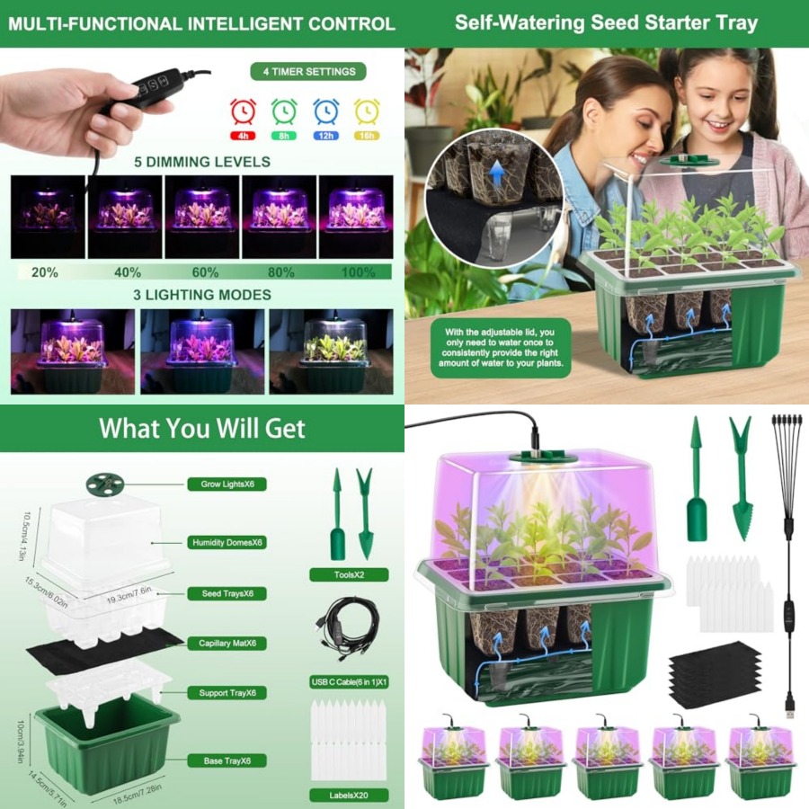 Humidity Dome Kit - Zaaitray met verlichting, 6-pack plantenstarttrays, zaailingstartset